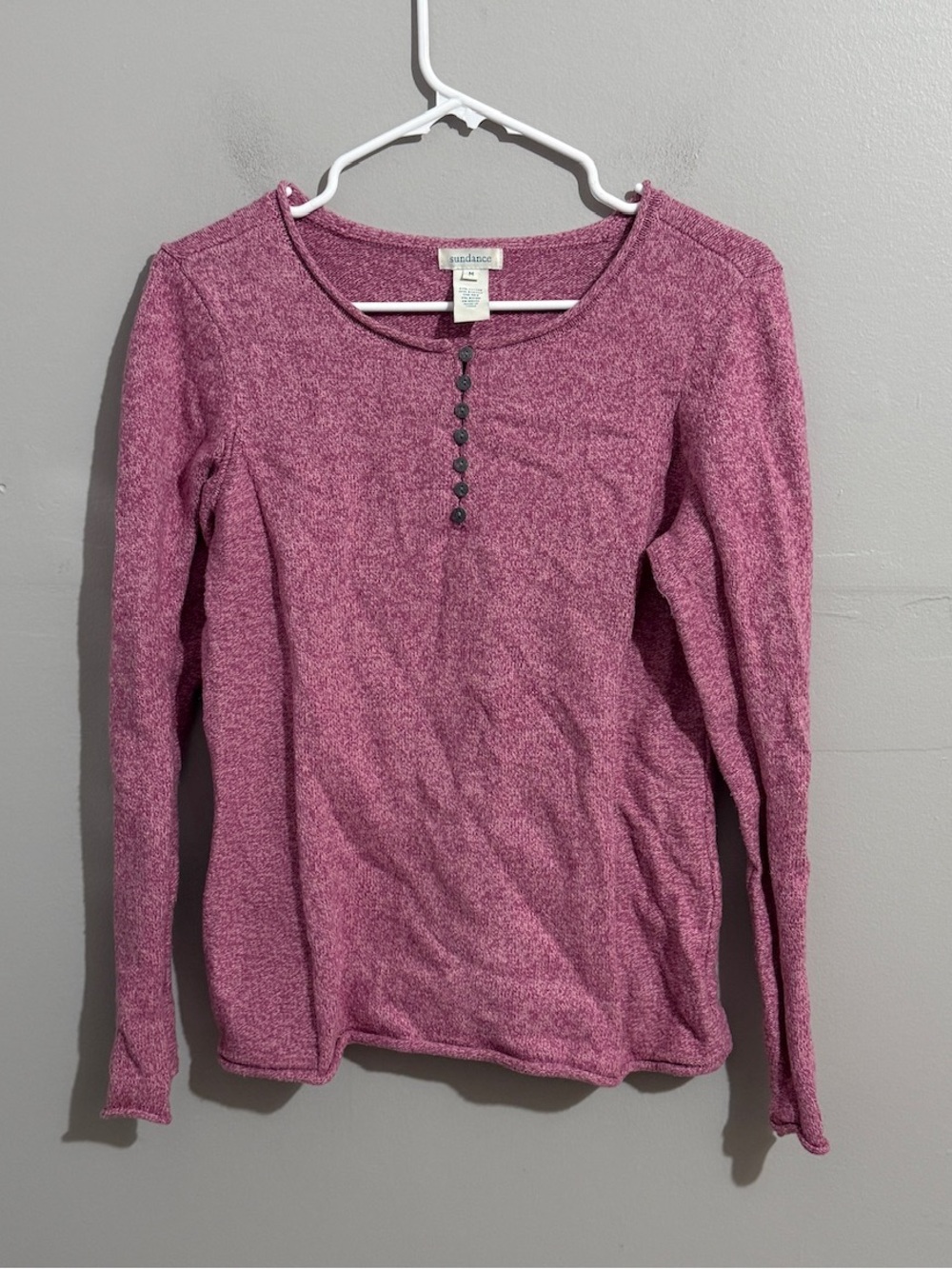 Sundance Sweater Womens M Pink Marled Knit Henley Long Sleeve Boho Rolled Hem